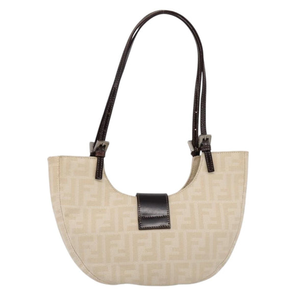 FENDI Zucca Canvas Mamma Baguette Shoulder Bag Beige Silver Auth 203140V