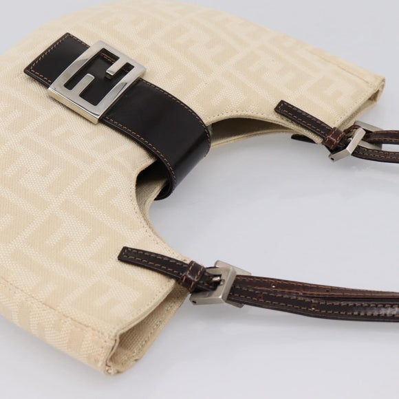 FENDI Zucca Canvas Mamma Baguette Shoulder Bag Beige Silver Auth 203140V