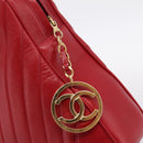 CHANEL V stitch Hand Bag Lamb Skin Red Gold CC Auth 203141-14