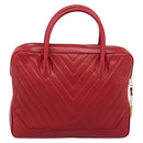 CHANEL V stitch Hand Bag Lamb Skin Red Gold CC Auth 203141-3