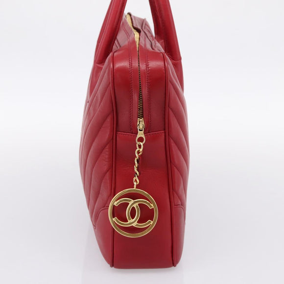 CHANEL V stitch Hand Bag Lamb Skin Red Gold CC Auth 203141