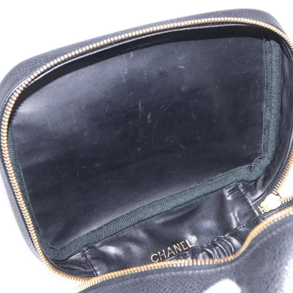 CHANEL Vanity Hand Bag Caviar Skin Black Gold CC Auth 203153V