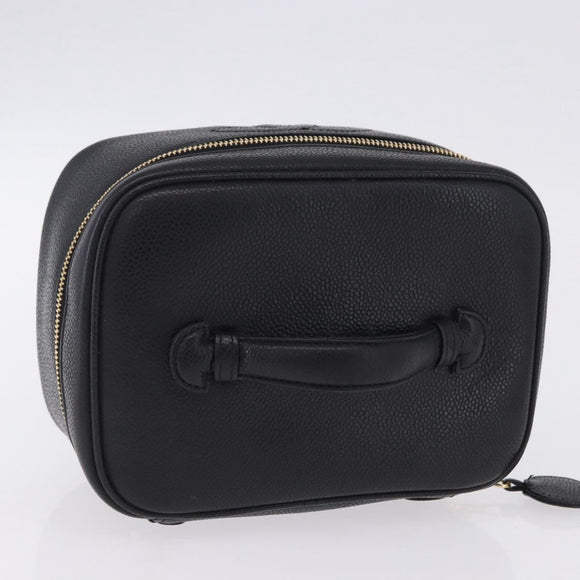 CHANEL Vanity Hand Bag Caviar Skin Black Gold CC Auth 203153V