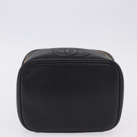 CHANEL Vanity Hand Bag Caviar Skin Black Gold CC Auth 203153V