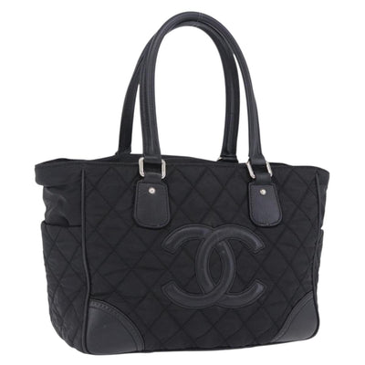 CHANEL Paris New York Line Matelasse Tote Bag Nylon Black Silver CC Auth 203206A