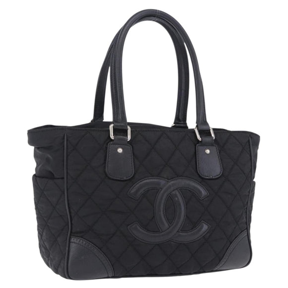 CHANEL Paris New York Line Matelasse Tote Bag Nylon Black Silver CC Auth 203206A