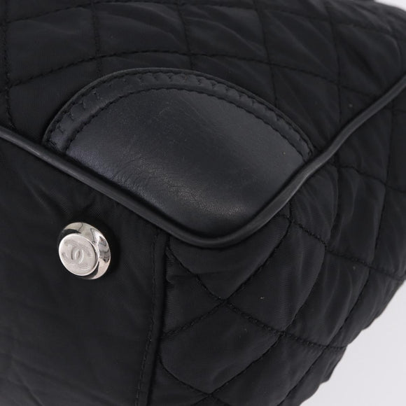 CHANEL Paris New York Line Matelasse Tote Bag Nylon Black Silver CC Auth 203206A