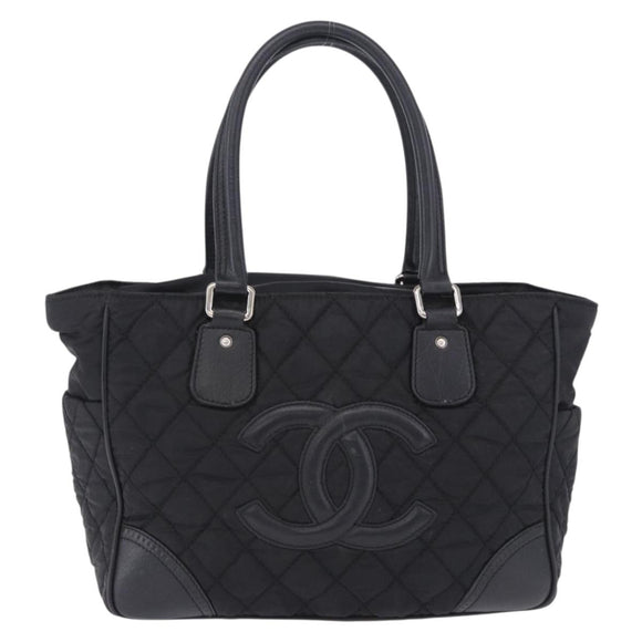 CHANEL Paris New York Line Matelasse Tote Bag Nylon Black Silver CC Auth 203206A
