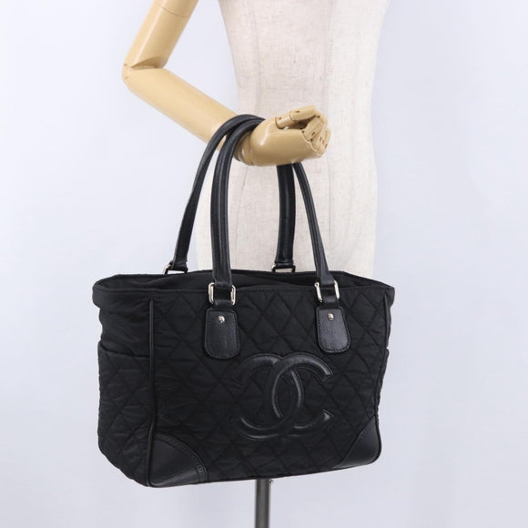 CHANEL Paris New York Line Matelasse Tote Bag Nylon Black Silver CC Auth 203206A