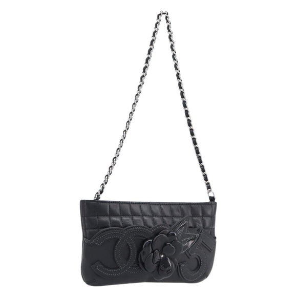 CHANEL Choco Bar line COCO Mark Chain Bag Leather Black Silver CC Auth 203211V