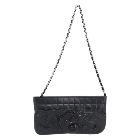 CHANEL Choco Bar line COCO Mark Chain Bag Leather Black Silver CC Auth 203211V