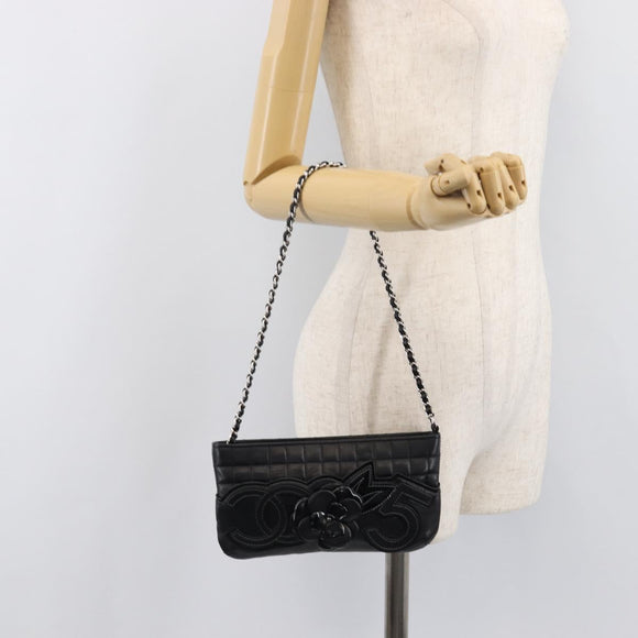 CHANEL Choco Bar line COCO Mark Chain Bag Leather Black Silver CC Auth 203211V