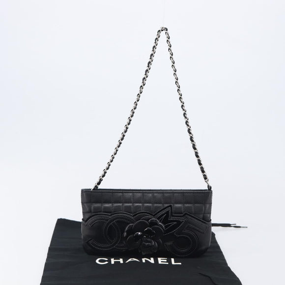 CHANEL Choco Bar line COCO Mark Chain Bag Leather Black Silver CC Auth 203211V