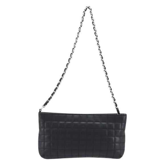 CHANEL Choco Bar line COCO Mark Chain Bag Leather Black Silver CC Auth 203211V