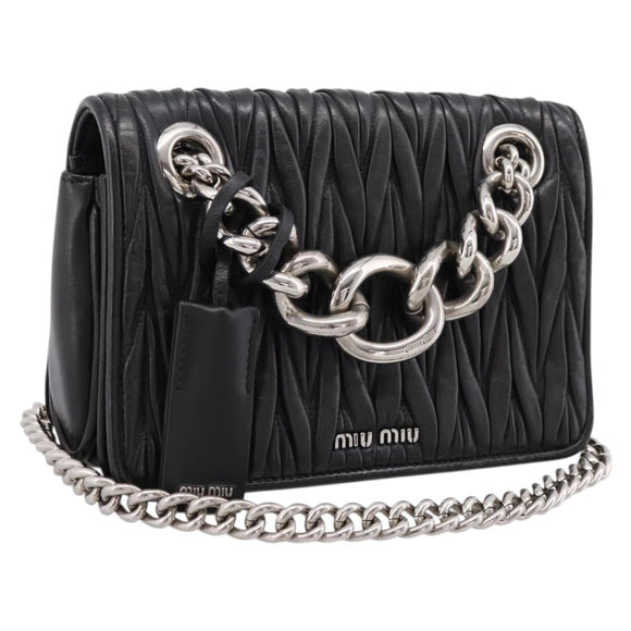 Miu Miu Matelasse Chain Shoulder Bag Leather Black Silver Auth 203216V