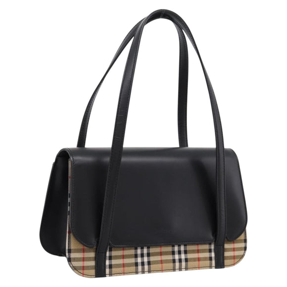 Burberrys Nova Check Hand Bag Canvas Leather Beige Silver Auth 203220V