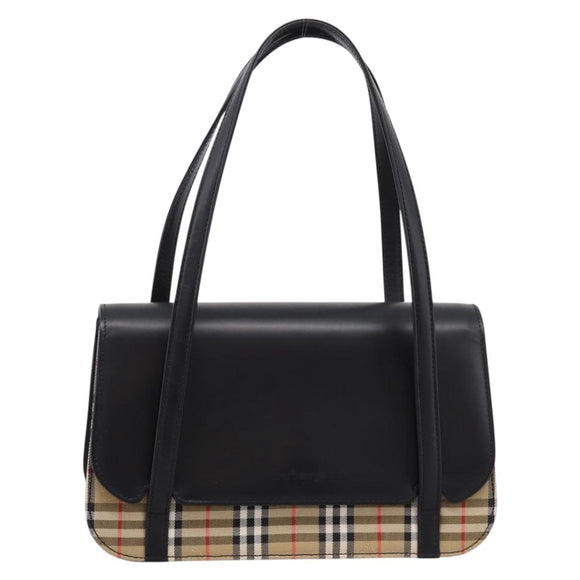 Burberrys Nova Check Hand Bag Canvas Leather Beige Silver Auth 203220V