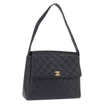 CHANEL Matelasse Turn Lock Shoulder Bag Caviar Skin Black Gold CC Auth 203228V