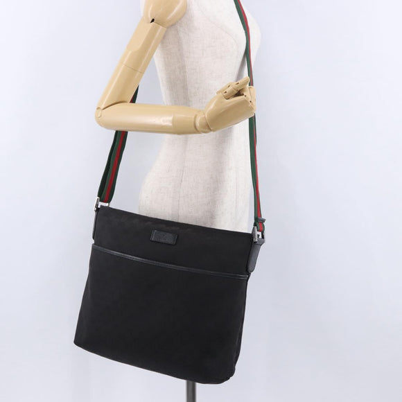 GUCCI GG Canvas Web Sherry Line Shoulder Bag Black Silver 189751 Auth 203232A