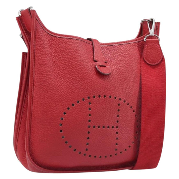 HERMES Evelyn 2 PM Shoulder Bag Taurillon Clemence Red Silver Auth 203233V