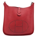 HERMES Evelyn 2 PM Shoulder Bag Taurillon Clemence Red Silver Auth 203233V-13