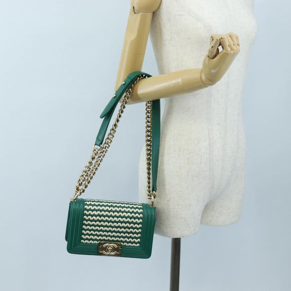 CHANEL Boy Chanel 20 Chain Shoulder Bag Leather Green Gold CC Auth 203249SAM