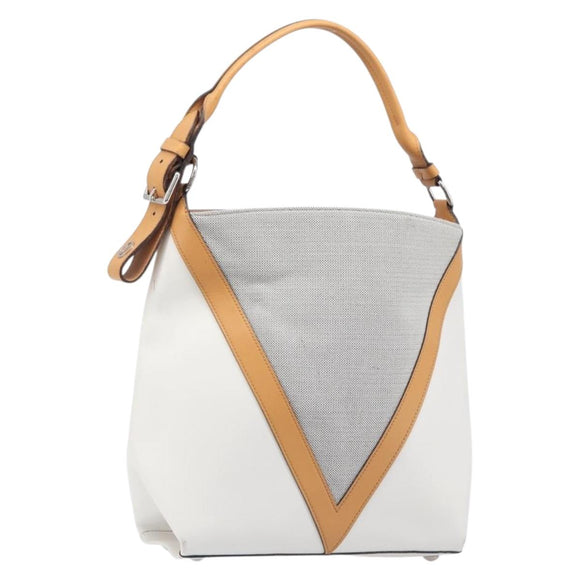 LOUIS VUITTON V Baguette GM Shoulder Bag Leather White Silver LV Auth 203256