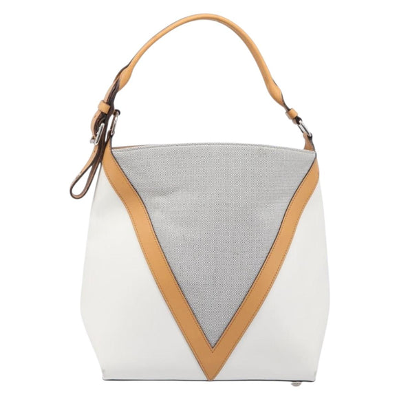 LOUIS VUITTON V Baguette GM Shoulder Bag Leather White Silver LV Auth 203256