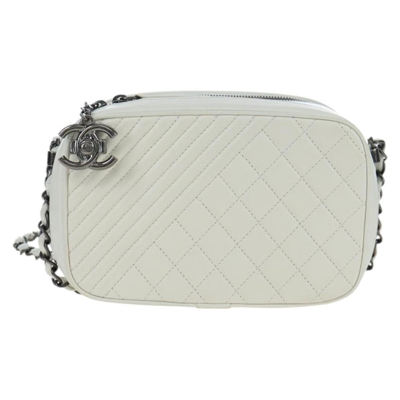 CHANEL Boy Chanel Chain Shoulder Camera Bag Lamb Skin White CC Auth 203260V