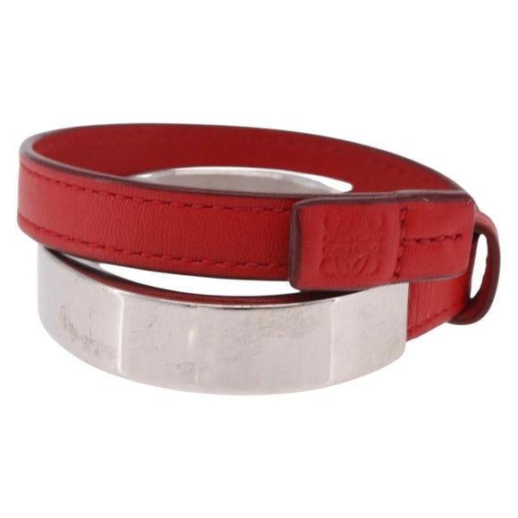 LOEWE Bangle Leather Red Silver Auth 203313A