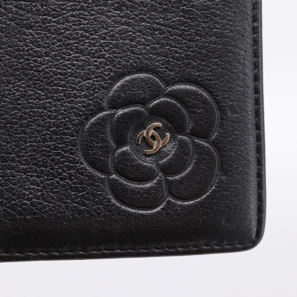 CHANEL Camelia Card Case Calf Skin Black CC Auth 203316A