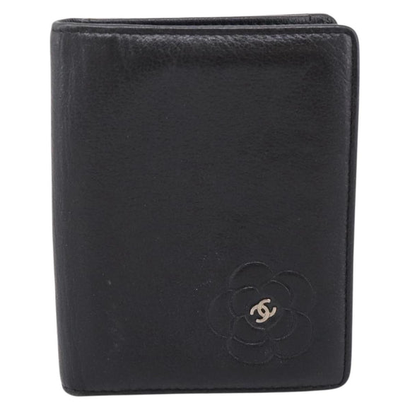 CHANEL Camelia Card Case Calf Skin Black CC Auth 203316A