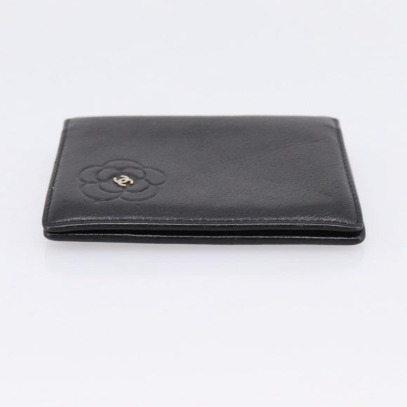 CHANEL Camelia Card Case Calf Skin Black CC Auth 203316A