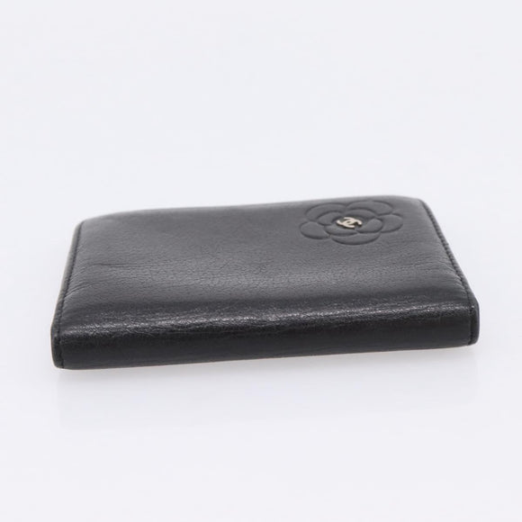 CHANEL Camelia Card Case Calf Skin Black CC Auth 203316A