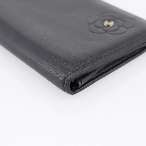 CHANEL Camelia Card Case Calf Skin Black CC Auth 203316A