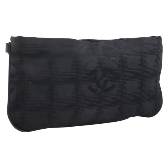 CHANEL New Travel Line Pouch Canvas Black Gold CC Auth 203320