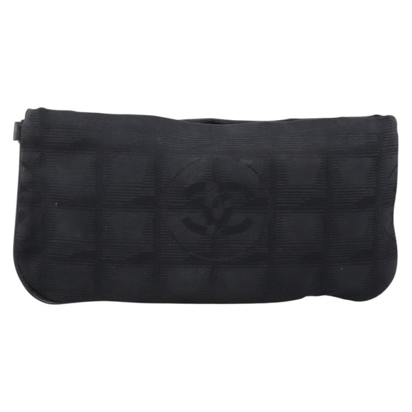 CHANEL New Travel Line Pouch Canvas Black Gold CC Auth 203320