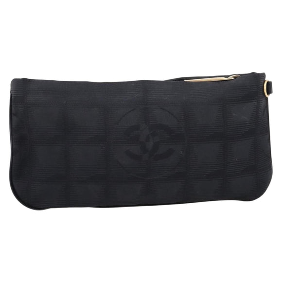 CHANEL New Travel Line Pouch Canvas Black Gold CC Auth 203320
