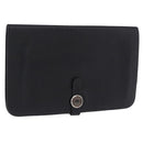 HERMES Dogon GM Wallet Leather Black Silver Auth 203322-1