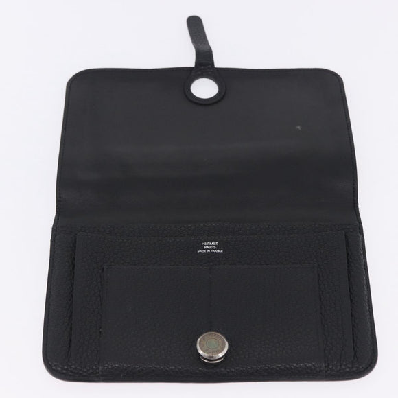 HERMES Dogon GM Wallet Leather Black Silver Auth 203322