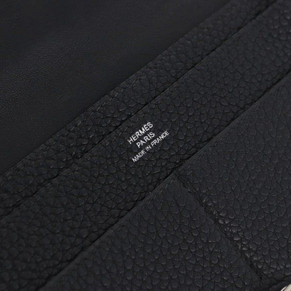 HERMES Dogon GM Wallet Leather Black Silver Auth 203322