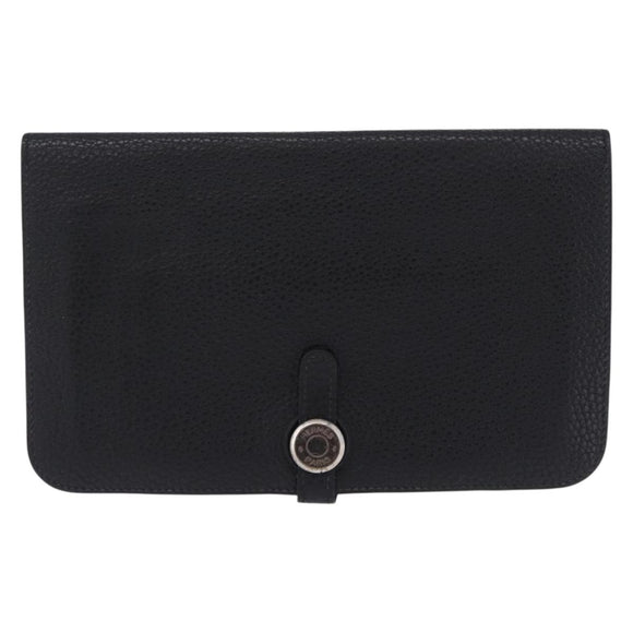 HERMES Dogon GM Wallet Leather Black Silver Auth 203322