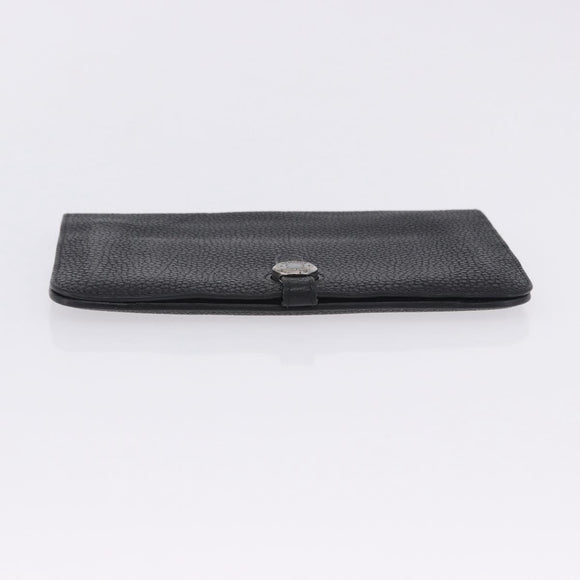 HERMES Dogon GM Wallet Leather Black Silver Auth 203322