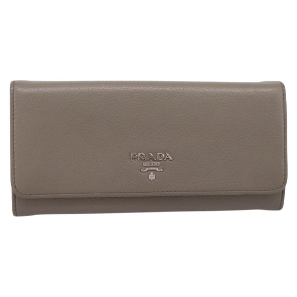 PRADA Long Wallet Leather Beige Silver Auth 203336A