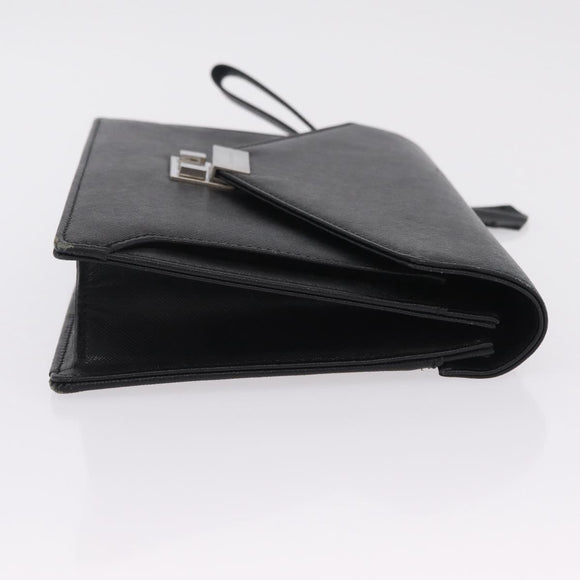 BURBERRY Clutch Bag Leather Black Silver Auth 203385