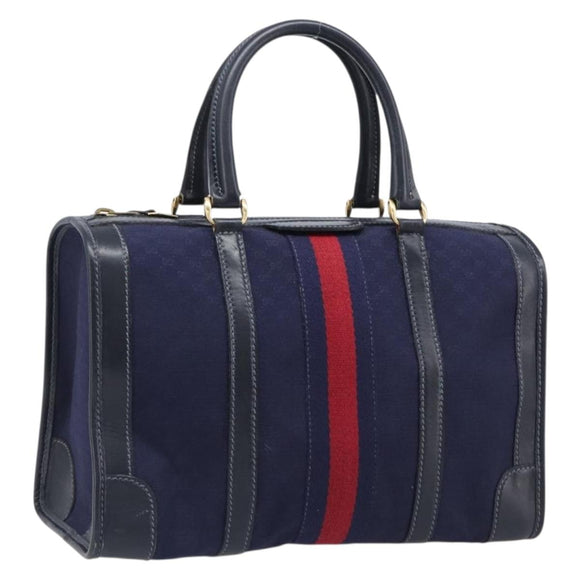GUCCI Micro GG Canvas Sherry Line Boston Bag Navy Gold Auth 203400A