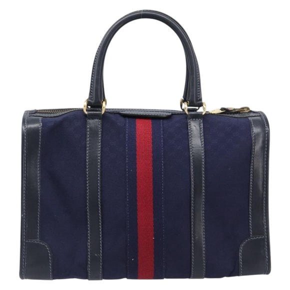 GUCCI Micro GG Canvas Sherry Line Boston Bag Navy Gold Auth 203400A