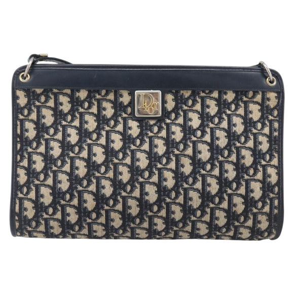Christian Dior Trotter Canvas Shoulder Bag Navy Gold Auth 203402