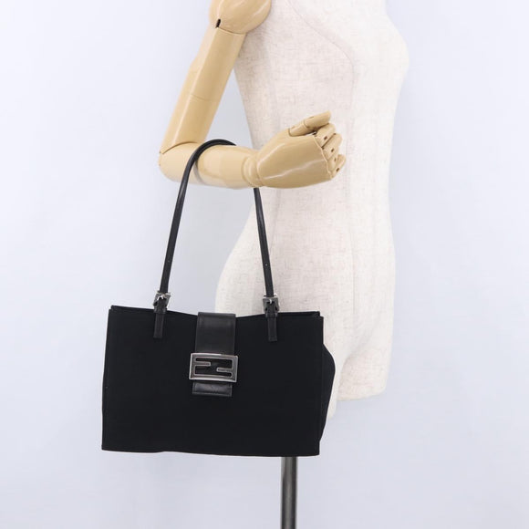 FENDI Mamma Baguette Tote Bag Cotton Jersey Black Silver Auth 203432V