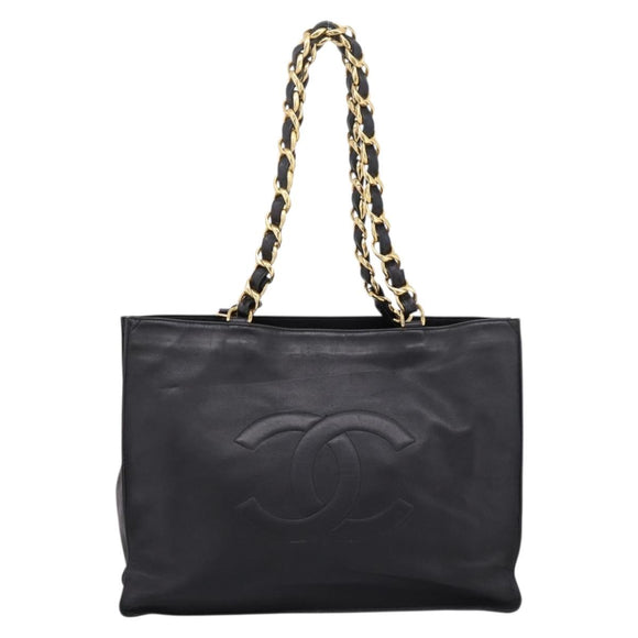 CHANEL COCO Mark Chain Shoulder Tote Bag Leather Black Gold CC Auth 203441V